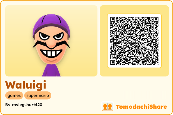 Waluigi, a male Mii  with tags: games, supermario