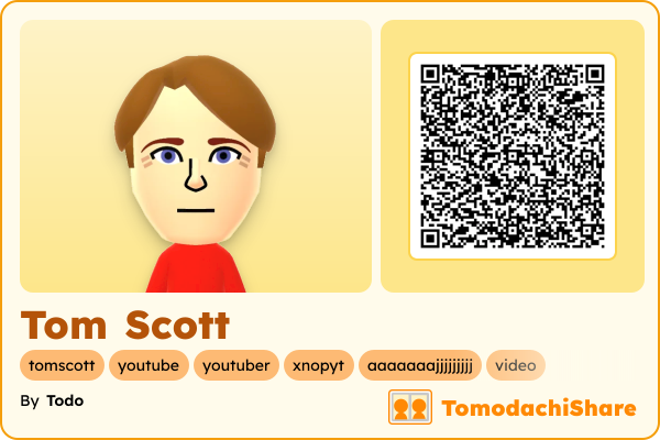 Tom Scott, a male Mii  with tags: tomscott, youtube, youtuber, xnopyt, aaaaaaajjjjjjjjj, video