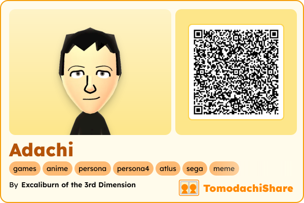 Adachi, a male Mii  with tags: games, anime, persona, persona4, atlus, sega, meme