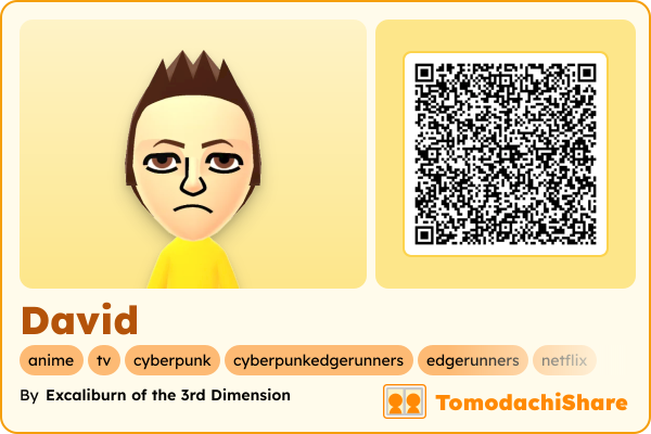 David, a male Mii  with tags: anime, tv, cyberpunk, cyberpunkedgerunners, edgerunners, netflix