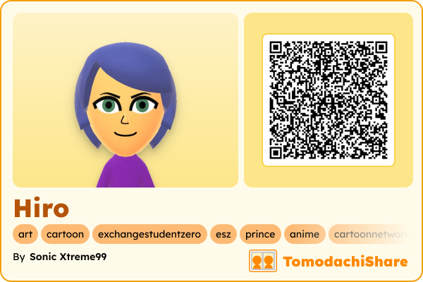 Hiro, a male Mii  with tags: art, cartoon, exchangestudentzero, esz, prince, anime, cartoonnetwork
