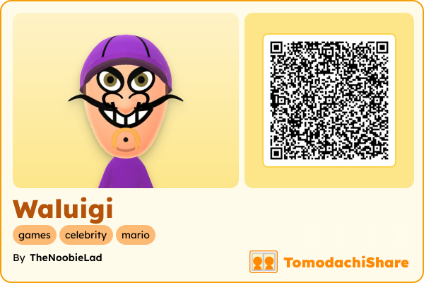 Waluigi, a male Mii  with tags: games, celebrity, mario