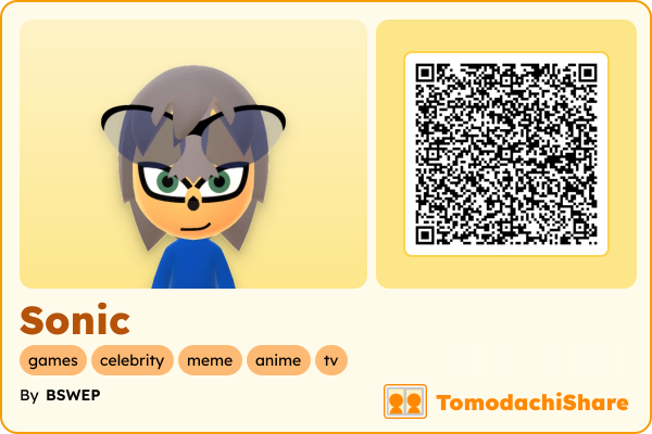Sonic, a male Mii  with tags: games, celebrity, meme, anime, tv