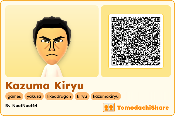 Kazuma Kiryu, a male Mii  with tags: games, yakuza, likeadragon, kiryu, kazumakiryu