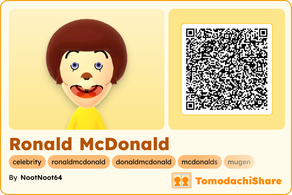 Ronald McDonald, a male Mii  with tags: celebrity, ronaldmcdonald, donaldmcdonald, mcdonalds, mugen