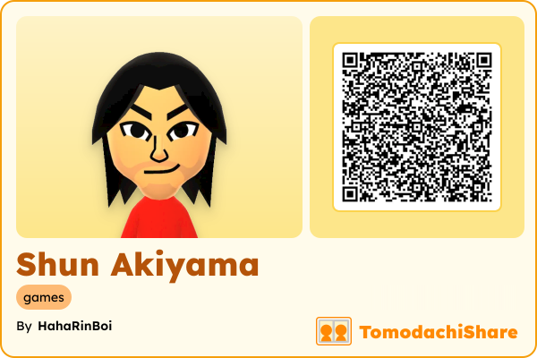 Shun Akiyama, a male Mii  with tags: games